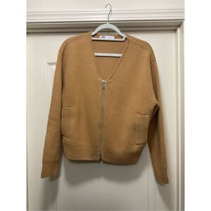 Wool Zara Camel Colored Wool Varsity Style Zipped Cardigan (Size S)
